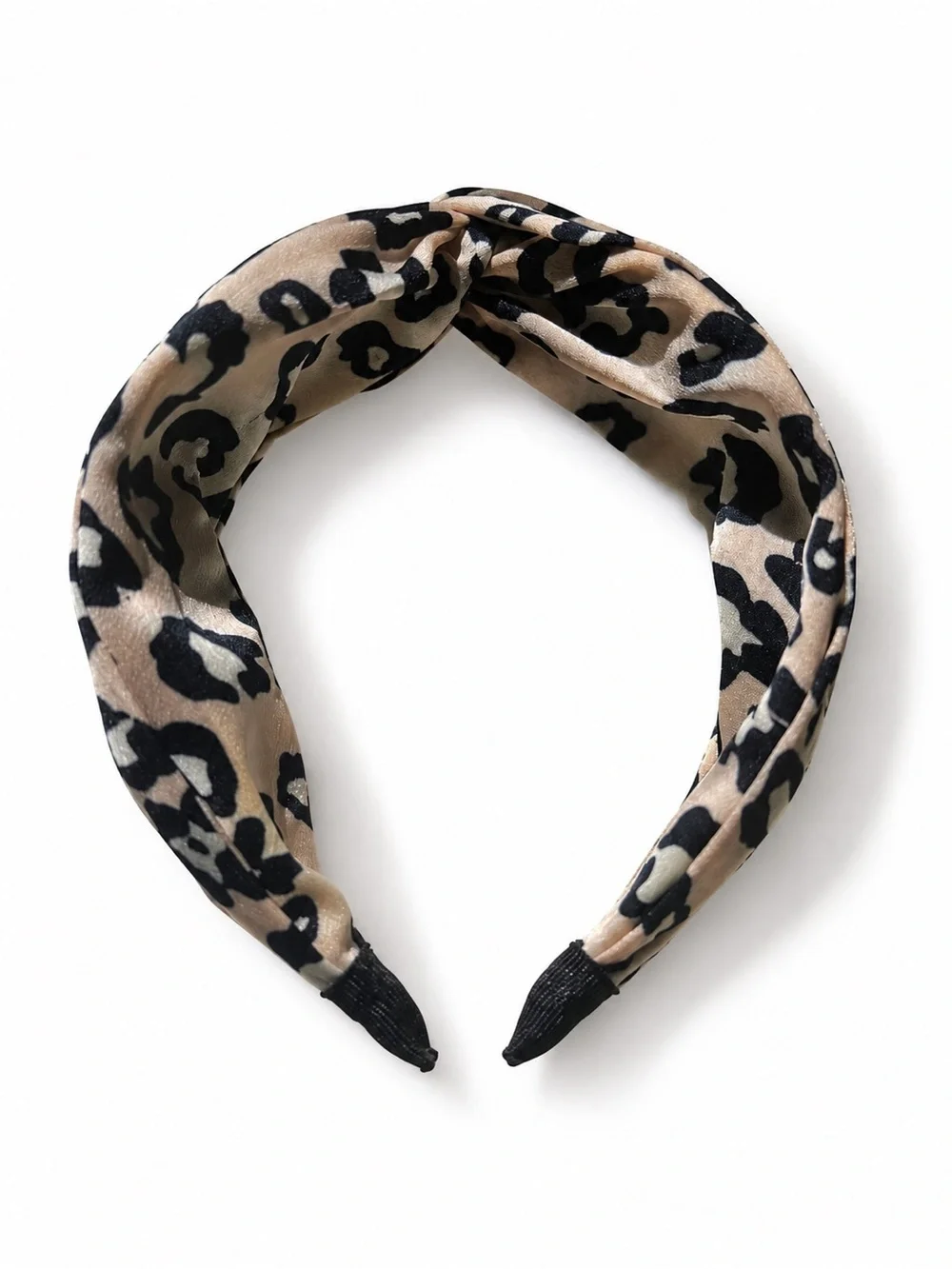 Leopard Print Satin Knot Headband Beige Black Animal Print Hair Accessory